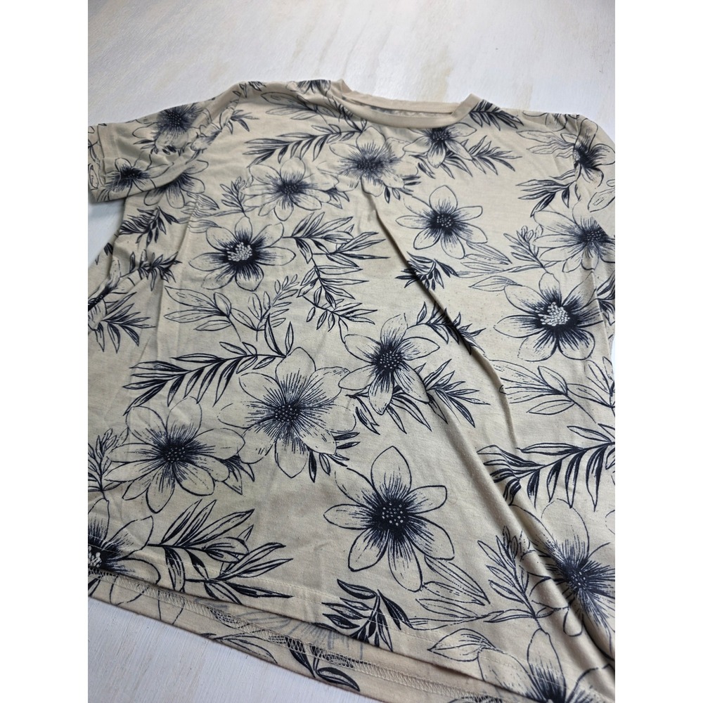 SHEIN Women XL Tan Black Floral Line Art Tee Short Sleeve Boho Cottagecore Top